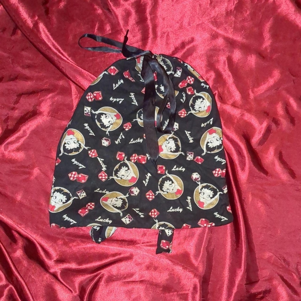 Black Drawstring Bag with Cartoon Design